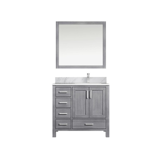 [LVJ36SD111R] Jacques 36 in. W x 22 in. D Right Offset Distressed Grey Bath Vanity, Carrara Marble Top, Faucet Set, and 34 in. Mirrors