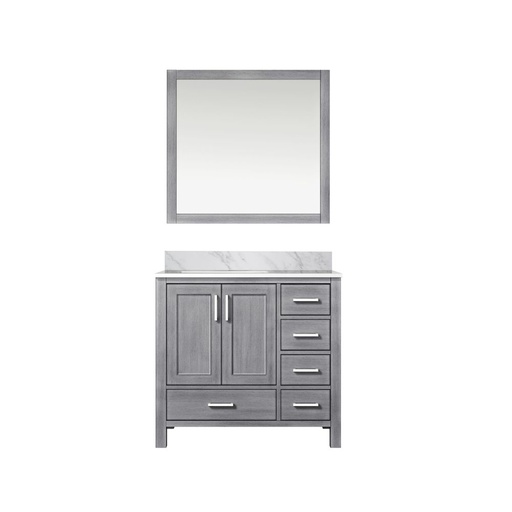 [LVJ36SD110L] Jacques 36 in. W x 22 in. D Left Offset Distressed Grey Bath Vanity, Carrara Marble Top, and 34 in. Mirrors