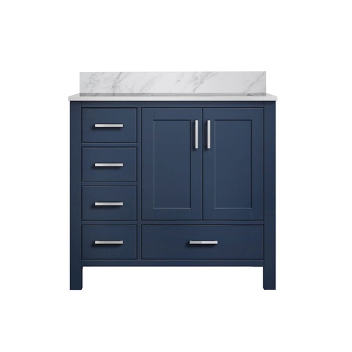 [LVJ36SE100R] Jacques 36 in. W x 22 in. D Right Offset Navy Blue Bath Vanity and Carrara Marble Top