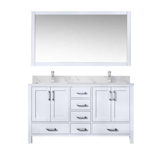 [LVJ60DA111] Jacques 60 in. W x 22 in. D White Double Bath Vanity, Carrara Marble Top, Faucet Set, and 58 in. Mirror