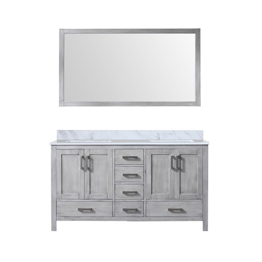 [LVJ60DD110] Jacques 60 in. W x 22 in. D Distressed Grey Double Bath Vanity, Carrara Marble Top, and 58 in. Mirror