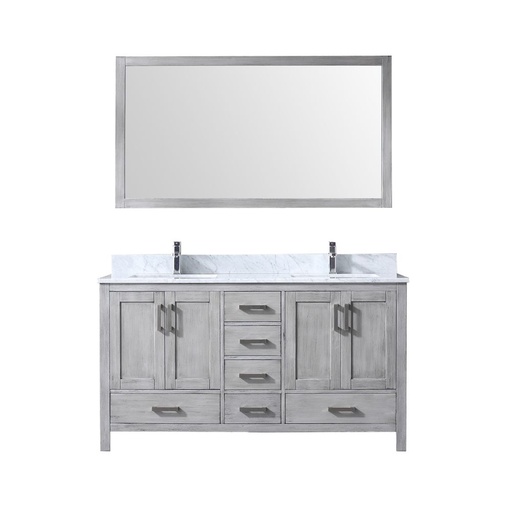 [LVJ60DD111] Jacques 60 in. W x 22 in. D Distressed Grey Double Bath Vanity, Carrara Marble Top, Faucet Set, and 58 in. Mirror