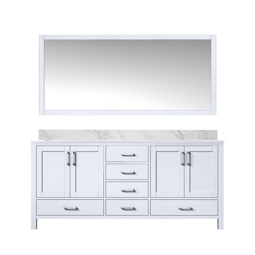 [LVJ72DA110] Jacques 72 in. W x 22 in. D White Double Bath Vanity, Carrara Marble Top, and 28 in. Mirror