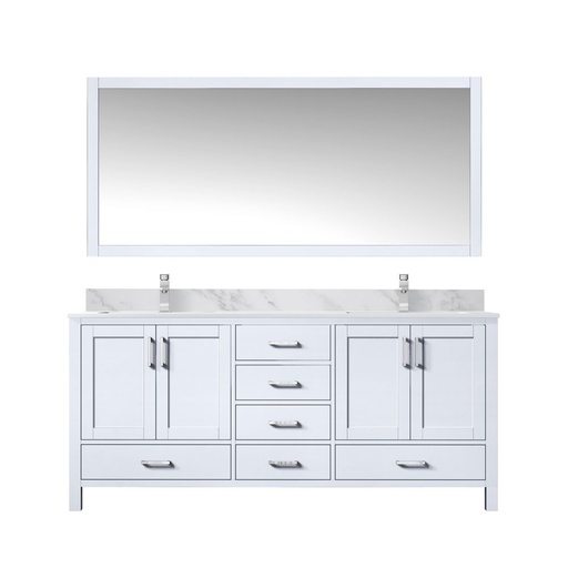 [LVJ72DA111] Jacques 72 in. W x 22 in. D White Double Bath Vanity, Carrara Marble Top, Faucet Set, and 28 in. Mirror