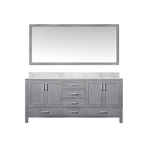 [LVJ72DD110] Jacques 72 in. W x 22 in. D Distressed Grey Double Bath Vanity, Carrara Marble Top, and 28 in. Mirror