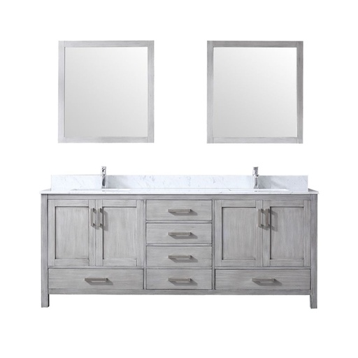 [LVJ80DD111] Jacques 80 in. W x 22 in. D Distressed Grey Double Bath Vanity, Carrara Marble Top, Faucet Set, and 30 in. Mirrors