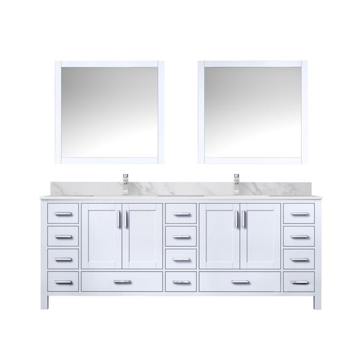 [LVJ84DA111] Jacques 84 in. W x 22 in. D White Double Bath Vanity, Carrara Marble Top, Faucet Set, and 34 in. Mirrors