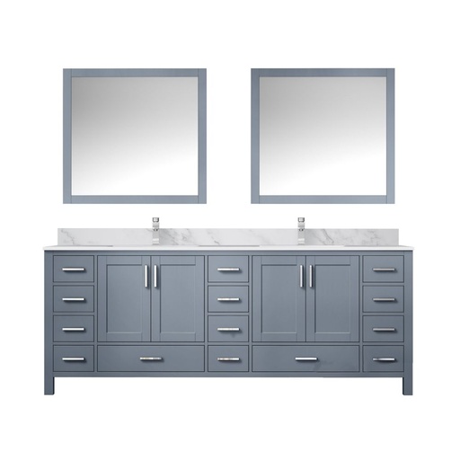 [LVJ84DB111] Jacques 84 in. W x 22 in. D Dark Grey Double Bath Vanity, Carrara Marble Top, Faucet Set, and 34 in. Mirrors