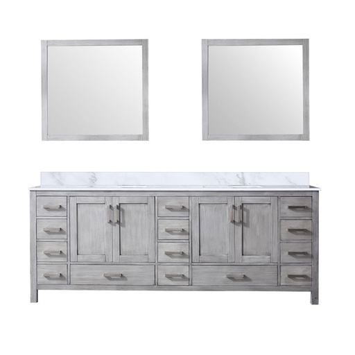 [LVJ84DD110] Jacques 84 in. W x 22 in. D Distressed Grey Double Bath Vanity, Carrara Marble Top, and 34 in. Mirrors