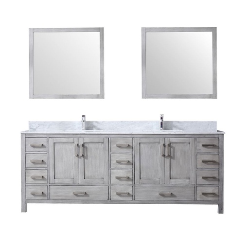 [LVJ84DD111] Jacques 84 in. W x 22 in. D Distressed Grey Double Bath Vanity, Carrara Marble Top, Faucet Set, and 34 in. Mirrors