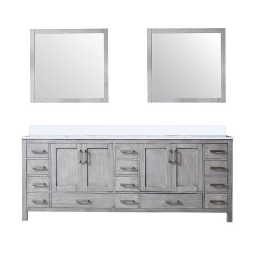 [LVJ84DD210] Jacques 84 in. W x 22 in. D Distressed Grey Double Bath Vanity, White Quartz Top, and 34 in. Mirrors