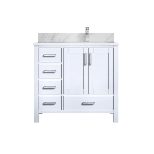 [LVJ36SA101R] Jacques 36 in. W x 22 in. D Right Offset White Bath Vanity, Carrara Marble Top, and Faucet Set