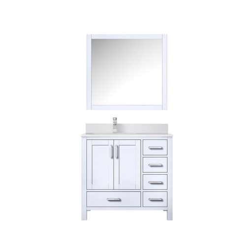 [LVJ36SA311L] Jacques 36 in. W x 22 in. D Left Offset White Bath Vanity, Cultured Marble Top, Faucet Set, and 34 in. Mirror