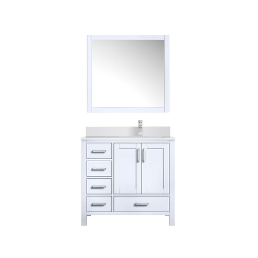 [LVJ36SA311R] Jacques 36 in. W x 22 in. D Right Offset White Bath Vanity, Cultured Marble Top, Faucet Set, and 34 in. Mirror