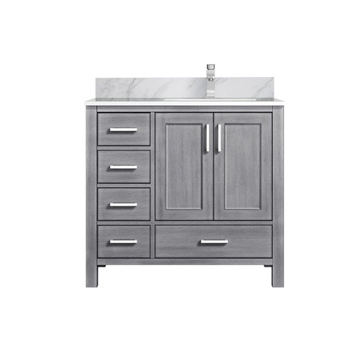 [LVJ36SD101R] Jacques 36 in. W x 22 in. D Right Offset Distressed Grey Bath Vanity, Carrara Marble Top, and Faucet Set