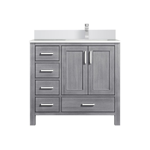 [LVJ36SD301R] Jacques 36 in. W x 22 in. D Right Offset Distressed Grey Bath Vanity, Cultured Marble Top, and Faucet Set