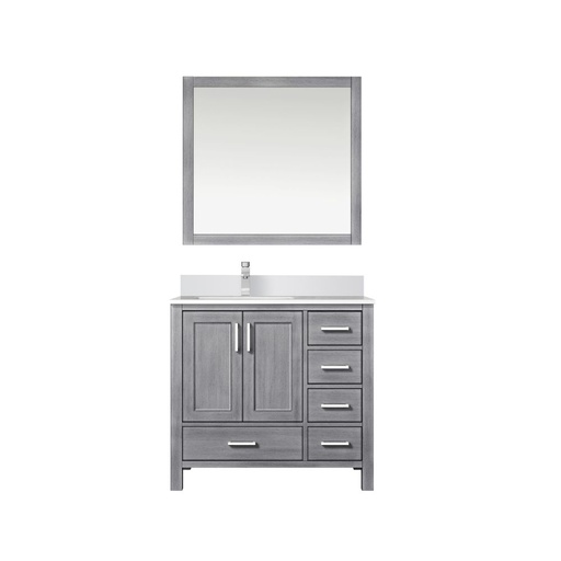 [LVJ36SD311L] Jacques 36 in. W x 22 in. D Left Offset Distressed Grey Bath Vanity, Cultured Marble Top, Faucet Set, and 34 in. Mirror