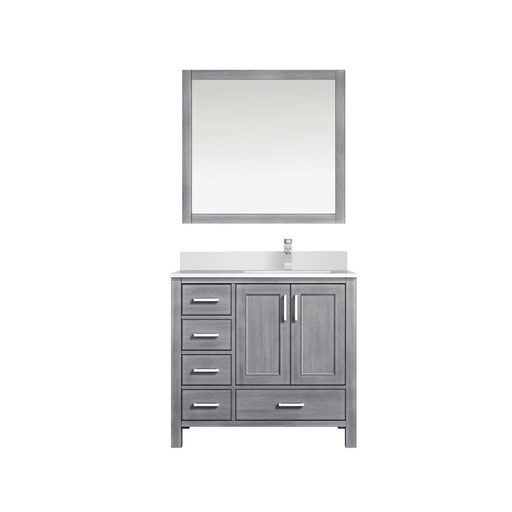 [LVJ36SD311R] Jacques 36 in. W x 22 in. D Right Offset Distressed Grey Bath Vanity, Cultured Marble Top, Faucet Set, and 34 in. Mirror