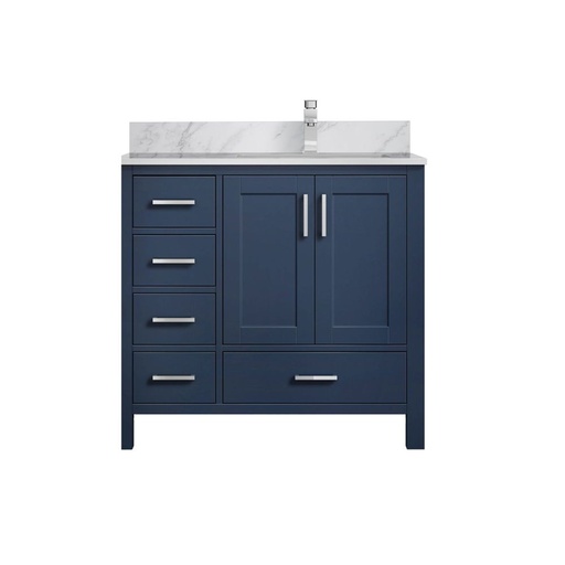 [LVJ36SE101R] Jacques 36 in. W x 22 in. D Right Offset Navy Blue Bath Vanity, Carrara Marble Top, and Faucet Set