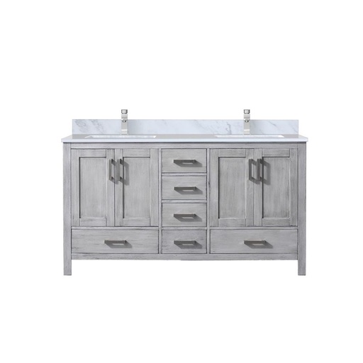 [LVJ60DD101] Jacques 60 in. W x 22 in. D Distressed Grey Double Bath Vanity, Carrara Marble Top, and Faucet Set