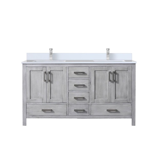[LVJ60DD201] Jacques 60 in. W x 22 in. D Distressed Grey Double Bath Vanity, White Quartz Top, and Faucet Set