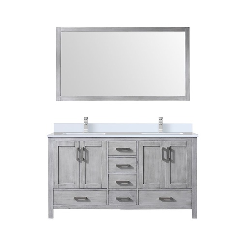 [LVJ60DD311] Jacques 60 in. W x 22 in. D Distressed Grey Bath Vanity, Cultured Marble Top, Faucet Set, and 58 in. Mirror
