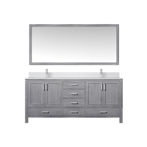 [LVJ72DD311] Jacques 72 in. W x 22 in. D Distressed Grey Bath Vanity, Cultured Marble Top, Faucet Set, and 28 in. Mirror