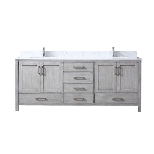 [LVJ80DD101] Jacques 80 in. W x 22 in. D Distressed Grey Double Bath Vanity, Carrara Marble Top, and Faucet Set