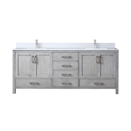 [LVJ80DD201] Jacques 80 in. W x 22 in. D Distressed Grey Double Bath Vanity, White Quartz Top, and Faucet Set