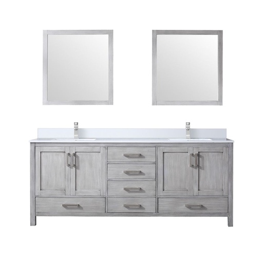 [LVJ80DD311] Jacques 80 in. W x 22 in. D Distressed Grey Bath Vanity, Cultured Marble Top, Faucet Set, and 30 in. Mirror