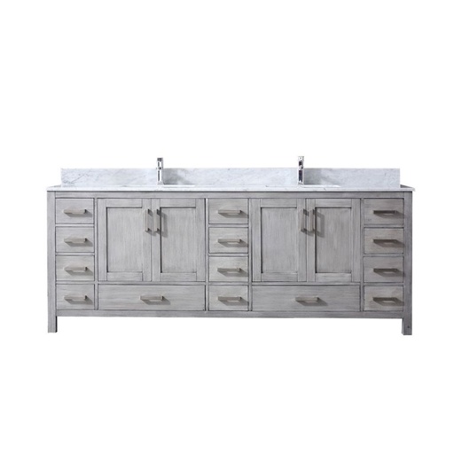 [LVJ84DD101] Jacques 84 in. W x 22 in. D Distressed Grey Double Bath Vanity, Carrara Marble Top, and Faucet Set