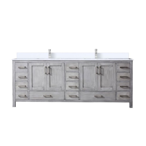 [LVJ84DD301] Jacques 84 in. W x 22 in. D Distressed Grey Bath Vanity, Cultured Marble Top, and Faucet Set