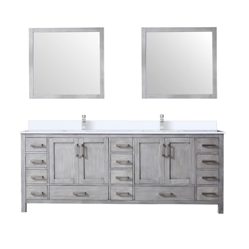 [LVJ84DD311] Jacques 84 in. W x 22 in. D Distressed Grey Bath Vanity, Cultured Marble Top, Faucet Set, and 34 in. Mirror