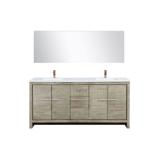 [LVLF72DRA214] Lafarre 72 in W x 20 in. D Rustic Acacia Double Bath Vanity, White Quartz Top, Rose Gold Faucet Set and 70 in Mirror
