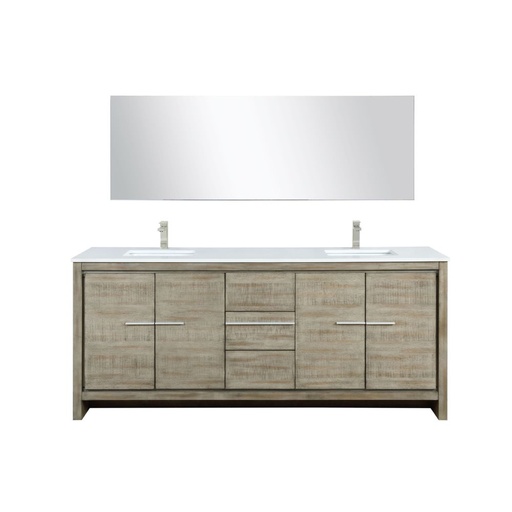 [LVLF80DRA212] Lafarre 80 in W x 20 in. D Rustic Acacia Double Bath Vanity, White Quartz Top, Brushed Nickel Faucet Set and 70 in Mirror