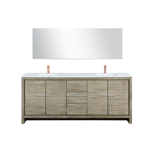 [LVLF80DRA214] Lafarre 80 in W x 20 in. D Rustic Acacia Double Bath Vanity, White Quartz Top, Rose Gold Faucet Set and 70 in Mirror