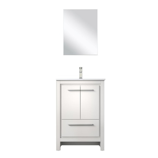 [LVLF24SW312] Lafarre 24 in W x 20 in. D White Bath Vanity, Cultured Marble Top, Brushed Nickel Faucet Set and 18 in Mirror