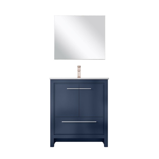 [LVLF30SNB214] Lafarre 30 in W x 20 in. D Navy Blue Bath Vanity, White Quartz Top, Rose Gold Faucet Set and 28 in Mirror