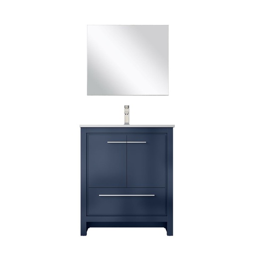 [LVLF30SNB312] Lafarre 30 in W x 20 in. D Navy Blue Bath Vanity, Cultured Marble Top, Brushed Nickel Faucet Set and 28 in Mirror