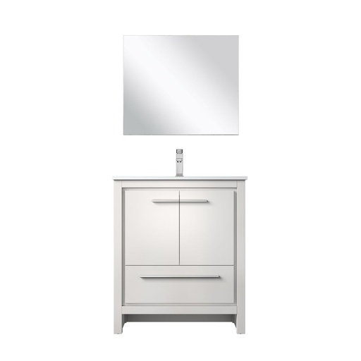 [LVLF30SW311] Lafarre 30 in W x 20 in. D White Bath Vanity, Cultured Marble Top, Gun Metal Faucet Set and 28 in Mirror