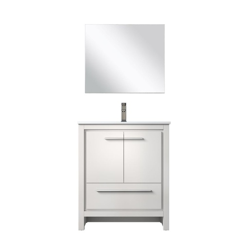 [LVLF30SW313] Lafarre 30 in W x 20 in. D White Bath Vanity, Cultured Marble Top, Chrome Faucet Set and 28 in Mirror