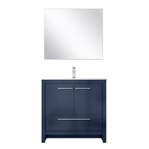 [LVLF36SNB312] Lafarre 36 in W x 20 in. D Navy Blue Bath Vanity, Cultured Marble Top, Brushed Nickel Faucet Set and 28 in Mirror