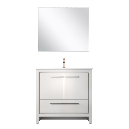 [LVLF36SW214] Lafarre 36 in W x 20 in. D White Bath Vanity, White Quartz Top, Rose Gold Faucet Set and 28 in Mirror