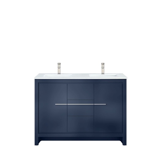 [LVLF48DNB202] Lafarre 48 in W x 20 in. D Navy Blue Double Bath Vanity, White Quartz Top and Brushed Nickel Faucet Set