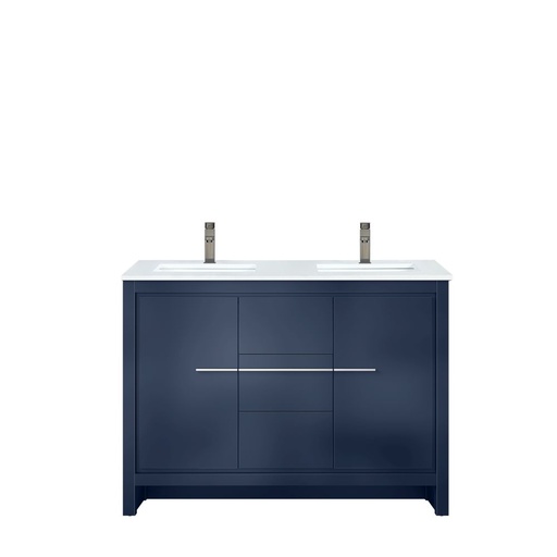 [LVLF48DNB203] Lafarre 48 in W x 20 in. D Navy Blue Double Bath Vanity, White Quartz Top and Gun Metal Faucet Set