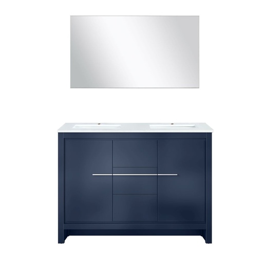 [LVLF48DNB210] Lafarre 48 in W x 20 in. D Navy Blue Double Bath Vanity, White Quartz Top and 43 in Mirror