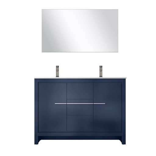 [LVLF48DNB213] Lafarre 48 in W x 20 in. D Navy Blue Double Bath Vanity, White Quartz Top, Chrome Faucet Set and 43 in Mirror