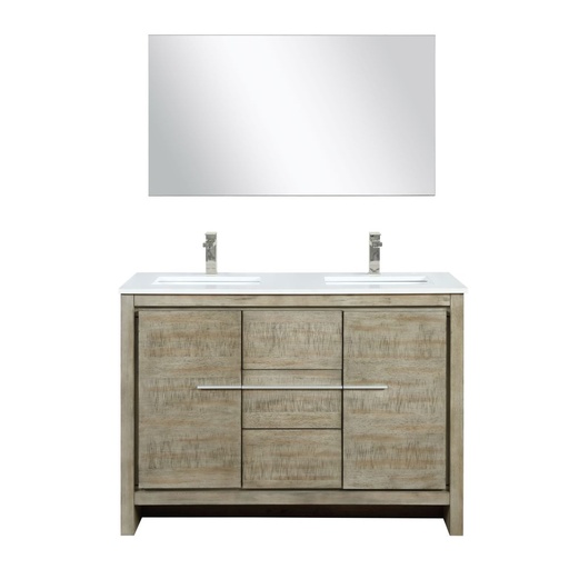 [LVLF48DRA312] Lafarre 48 in W x 20 in. D Rustic Acacia Double Bath Vanity, Cultured Marble Top, Brushed Nickel Faucet Set and 43 in Mirror