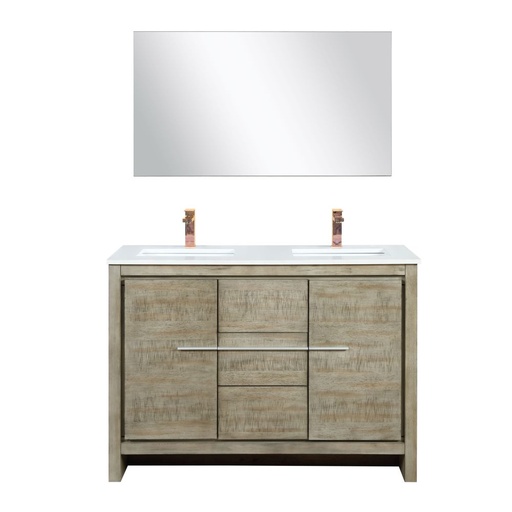 [LVLF48DRA314] Lafarre 48 in W x 20 in. D Rustic Acacia Double Bath Vanity, Cultured Marble Top, Rose Gold Faucet Set and 43 in Mirror