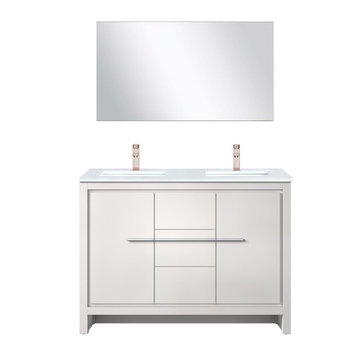 [LVLF48DW214] Lafarre 48 in W x 20 in. D White Double Bath Vanity, White Quartz Top, Rose Gold Faucet Set and 43 in Mirror